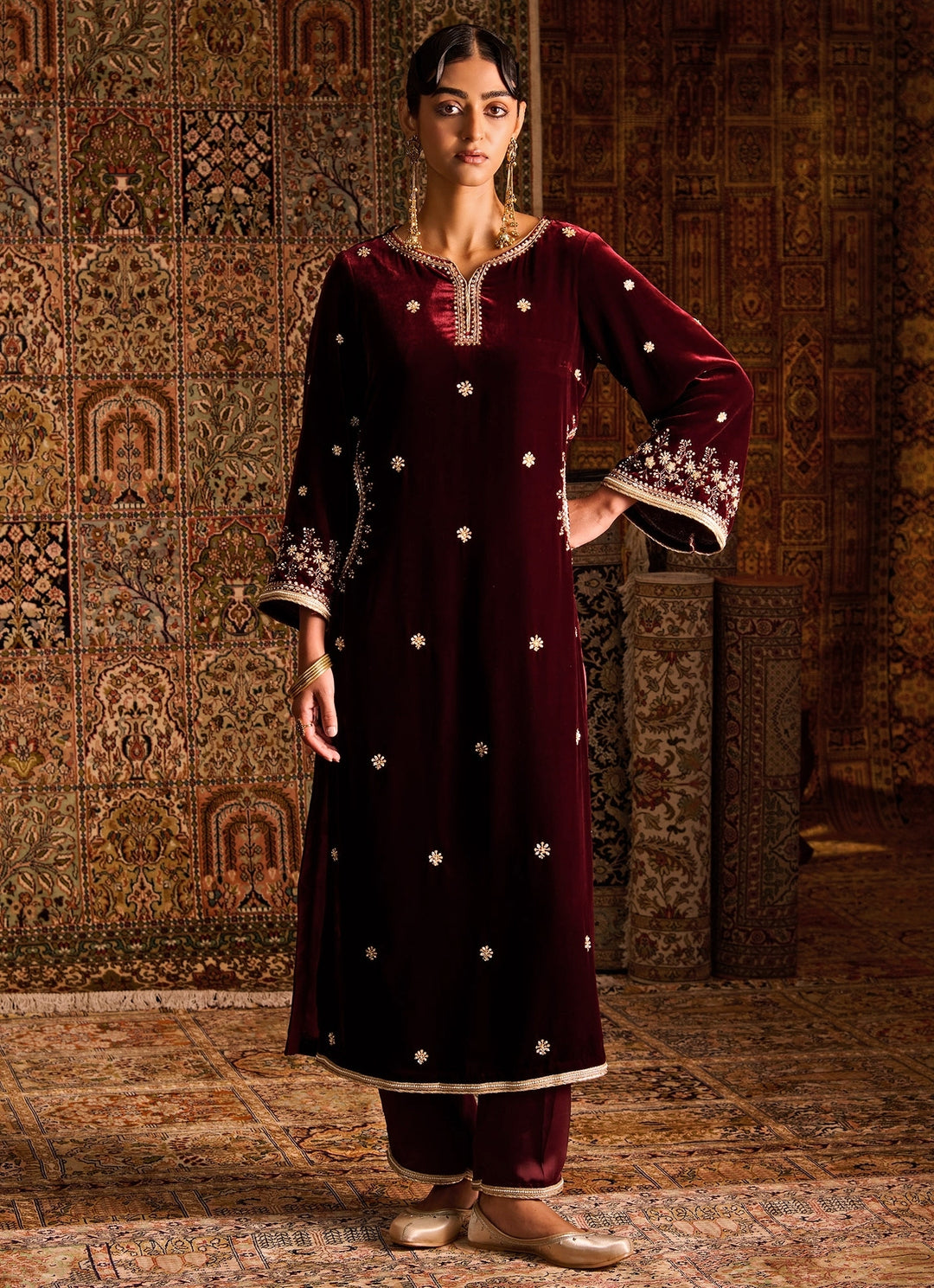 Maroon Red Silk Velvet Kurta Pants Set