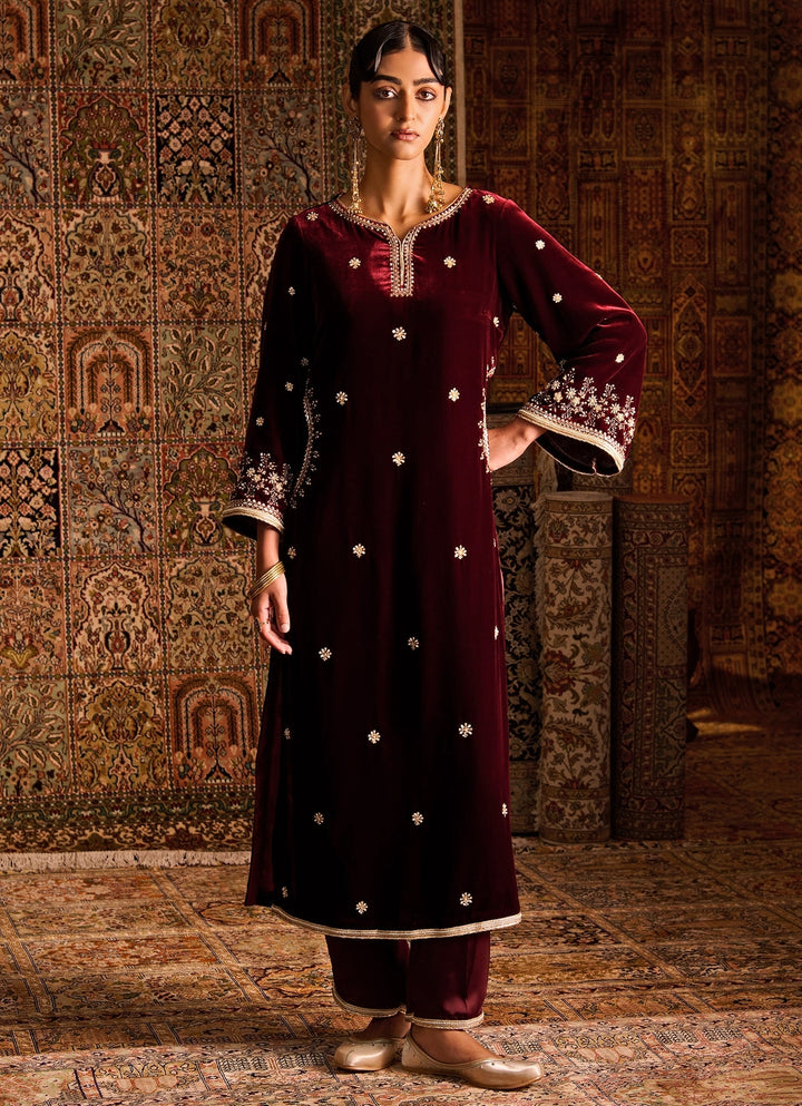 Maroon Red Silk Velvet Kurta Pants Set
