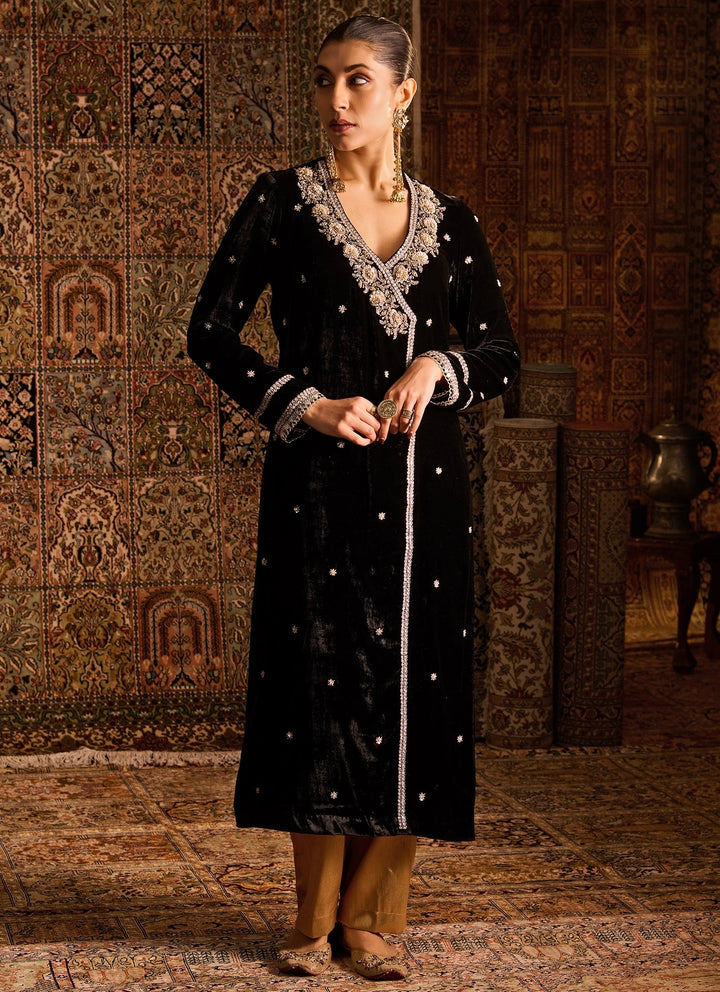 Black Velvet Kurta Pants Set With Contrast Dupatta