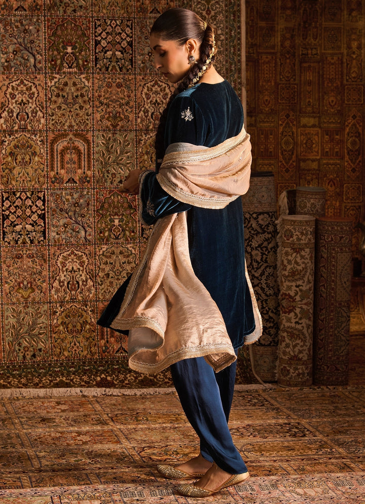 Teal Blue Silk Velvet Kurta Dhoti Set With Peach Dupatta