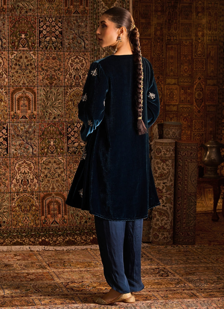 Teal Blue Silk Velvet Kurta Dhoti Set With Peach Dupatta