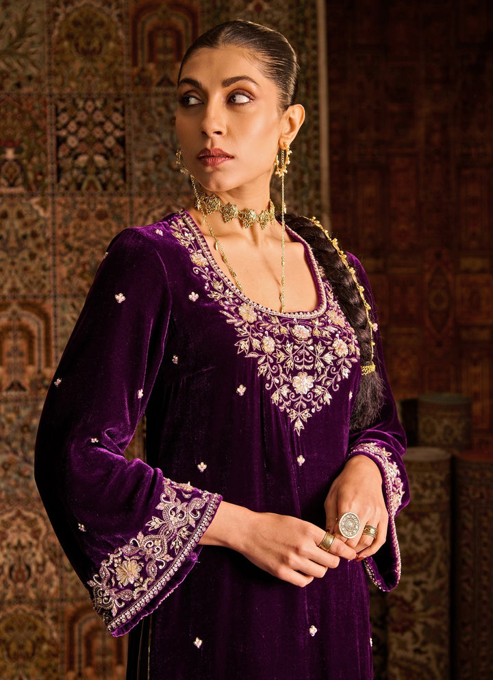 Purple Silk Velvet Kurta Pants Set With Contrast Dupatta