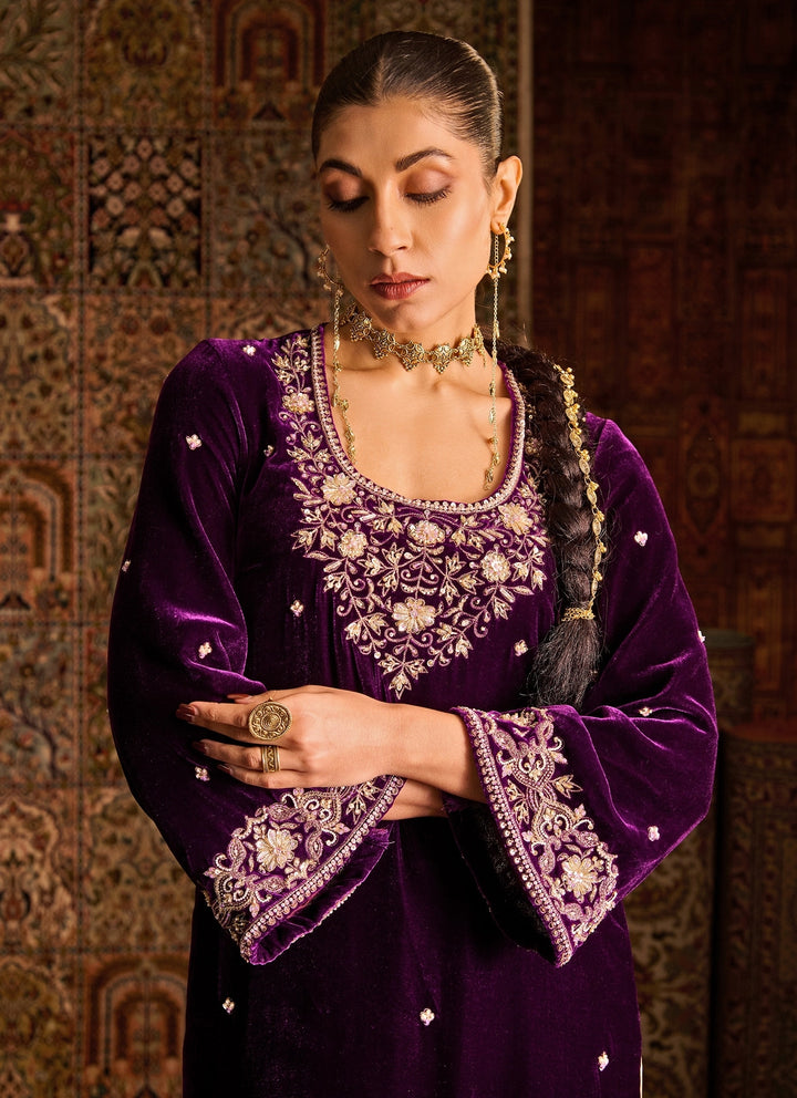 Purple Silk Velvet Kurta Pants Set With Contrast Dupatta