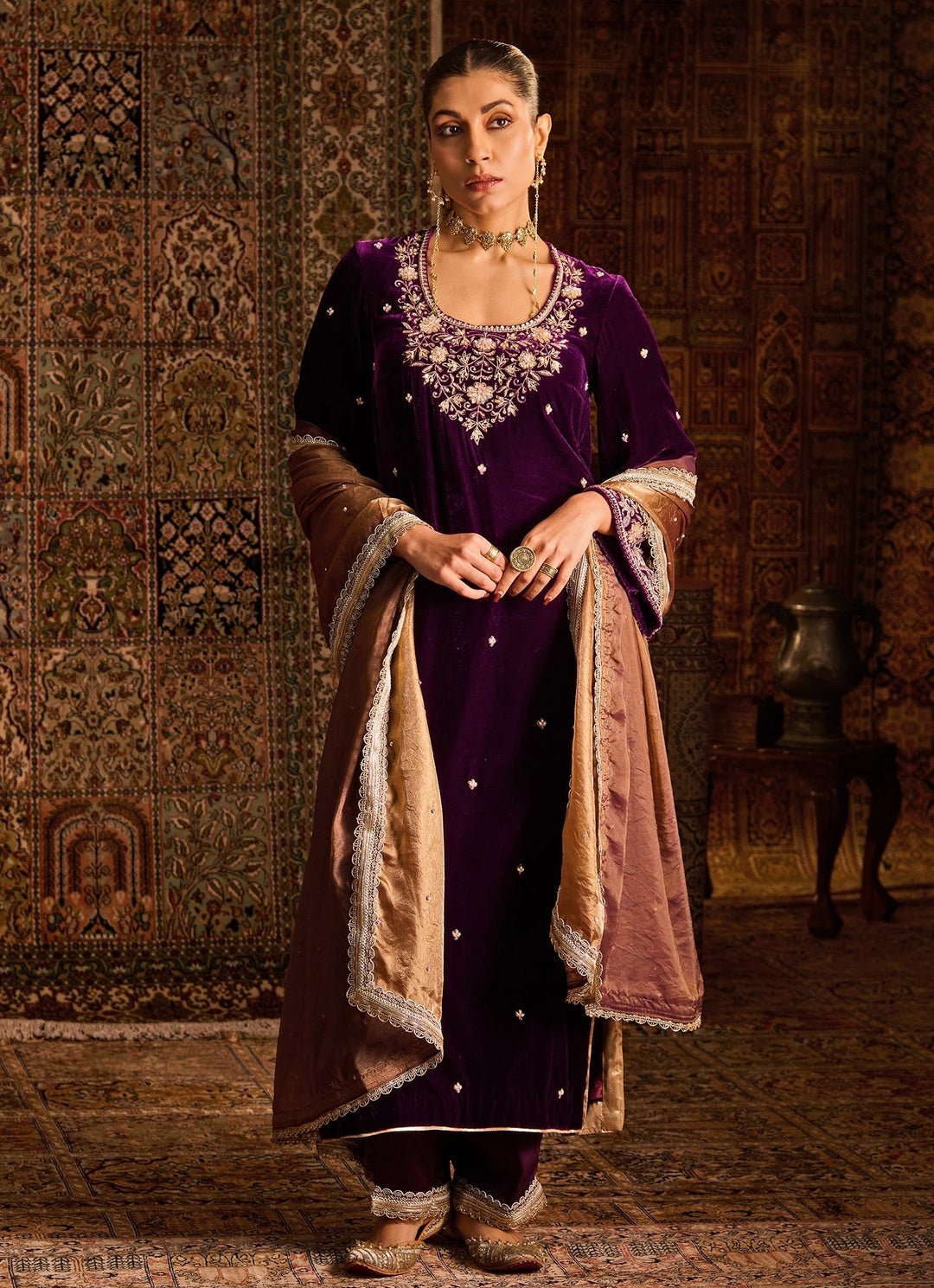 Purple Silk Velvet Kurta Pants Set With Contrast Dupatta