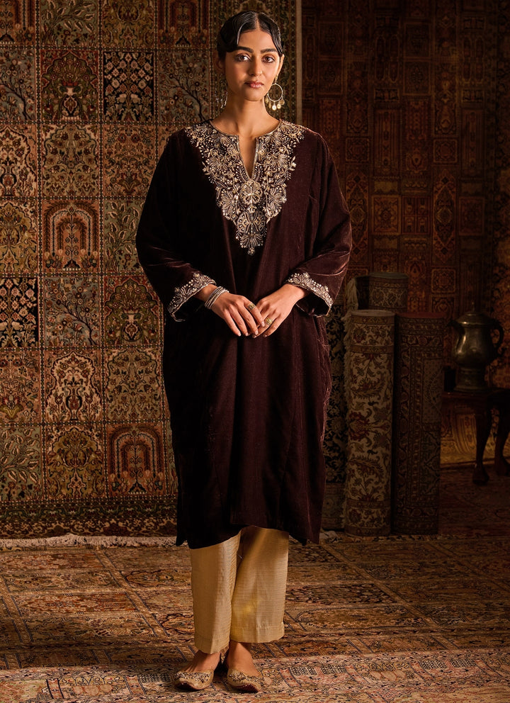 Chocolate Brown Velvet Kurta Pants Set