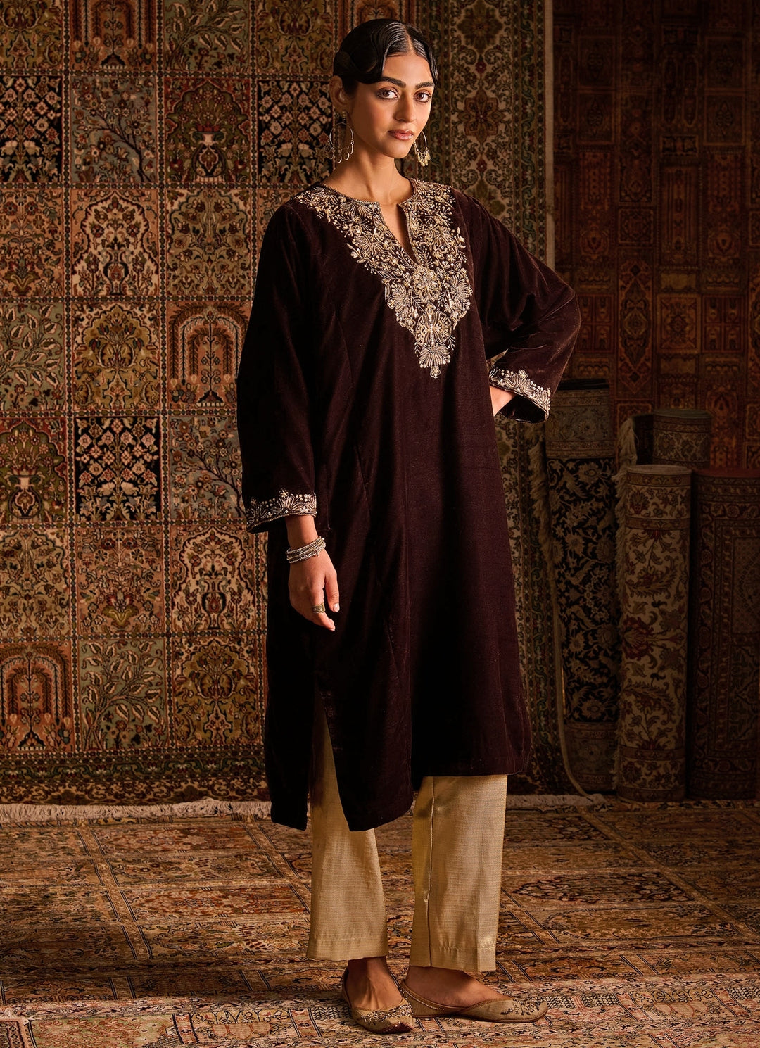Chocolate Brown Velvet Kurta Pants Set