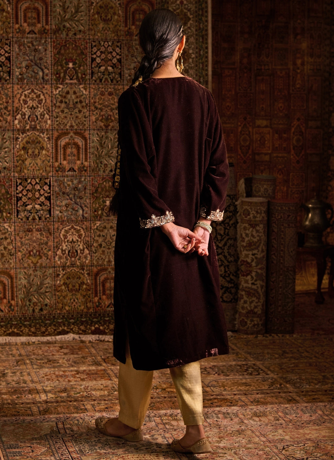 Chocolate Brown Velvet Kurta Pants Set