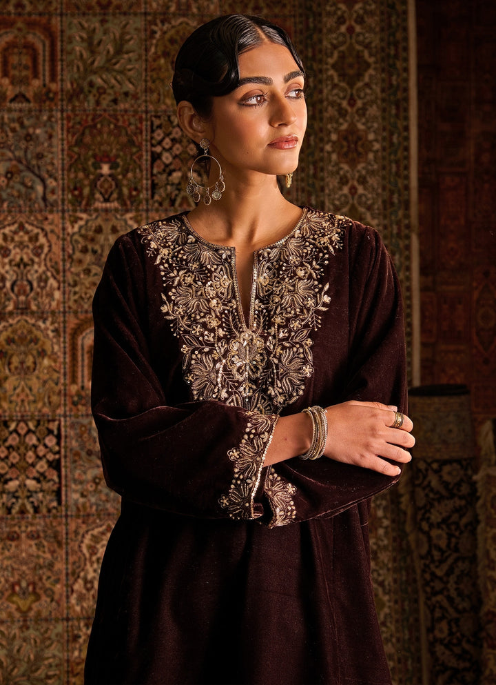 Chocolate Brown Velvet Kurta Pants Set