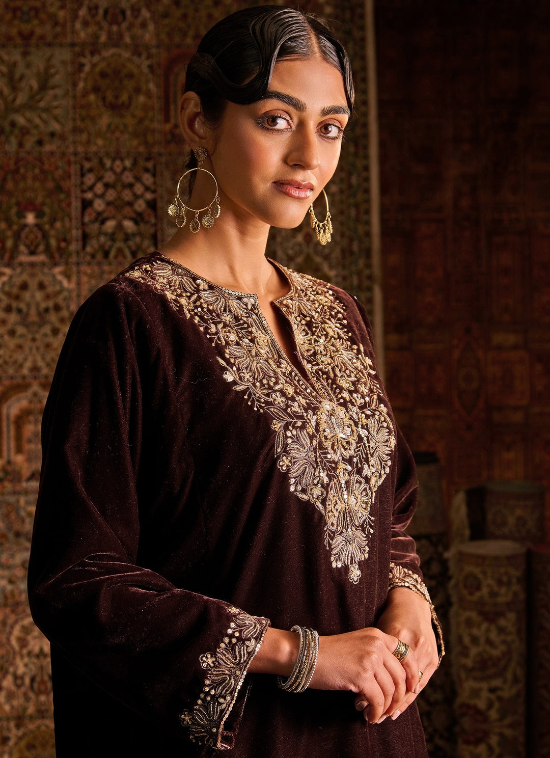 Chocolate Brown Velvet Kurta Pants Set