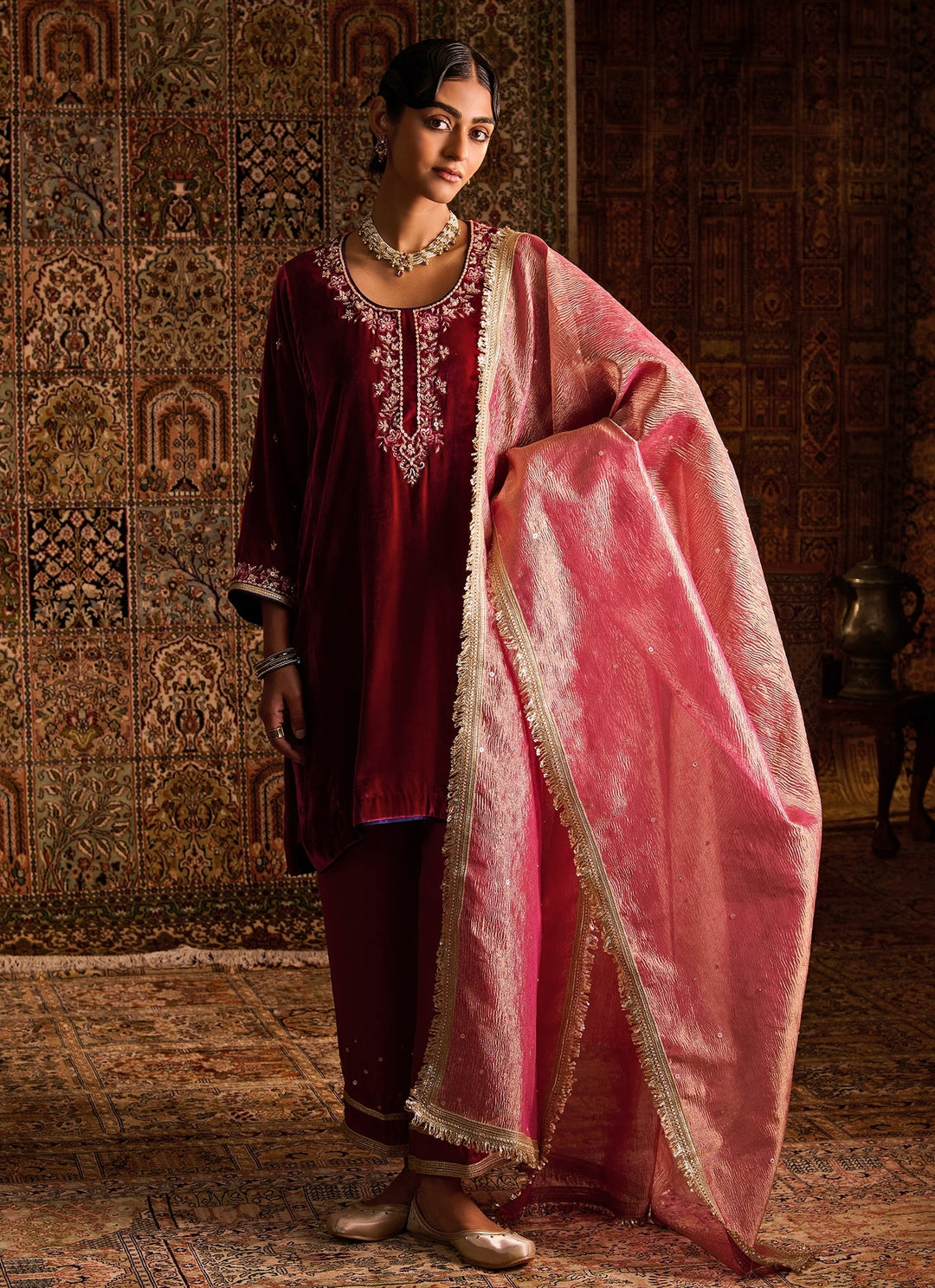 Hot Pink Silk Velvet Kurta Pants Set With Contrast Dupatta