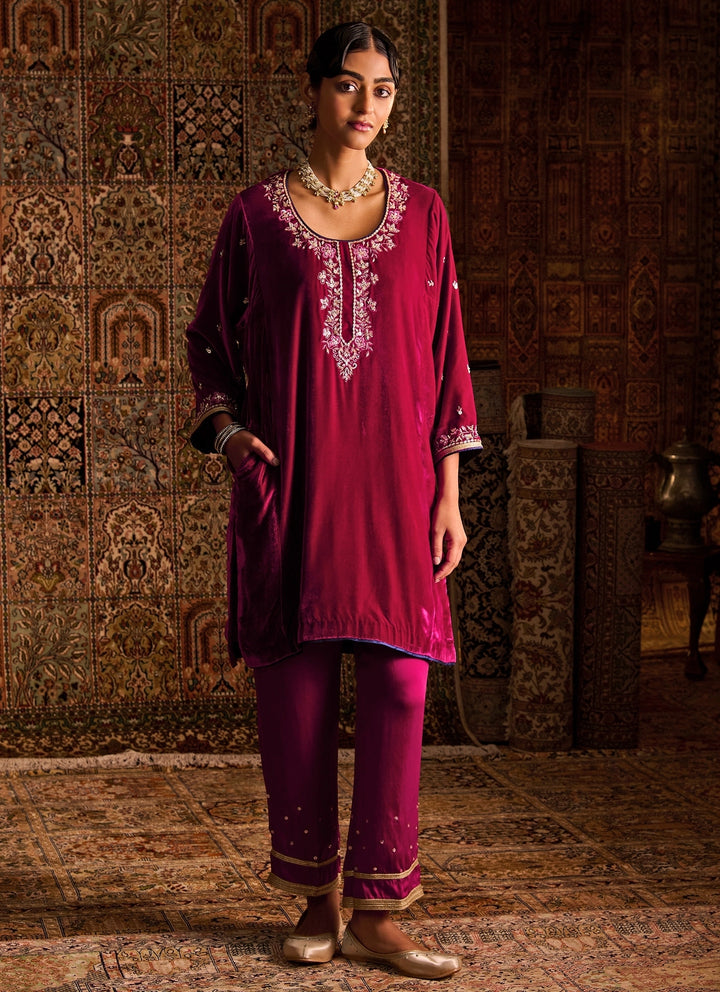 Hot Pink Silk Velvet Kurta Pants Set With Contrast Dupatta