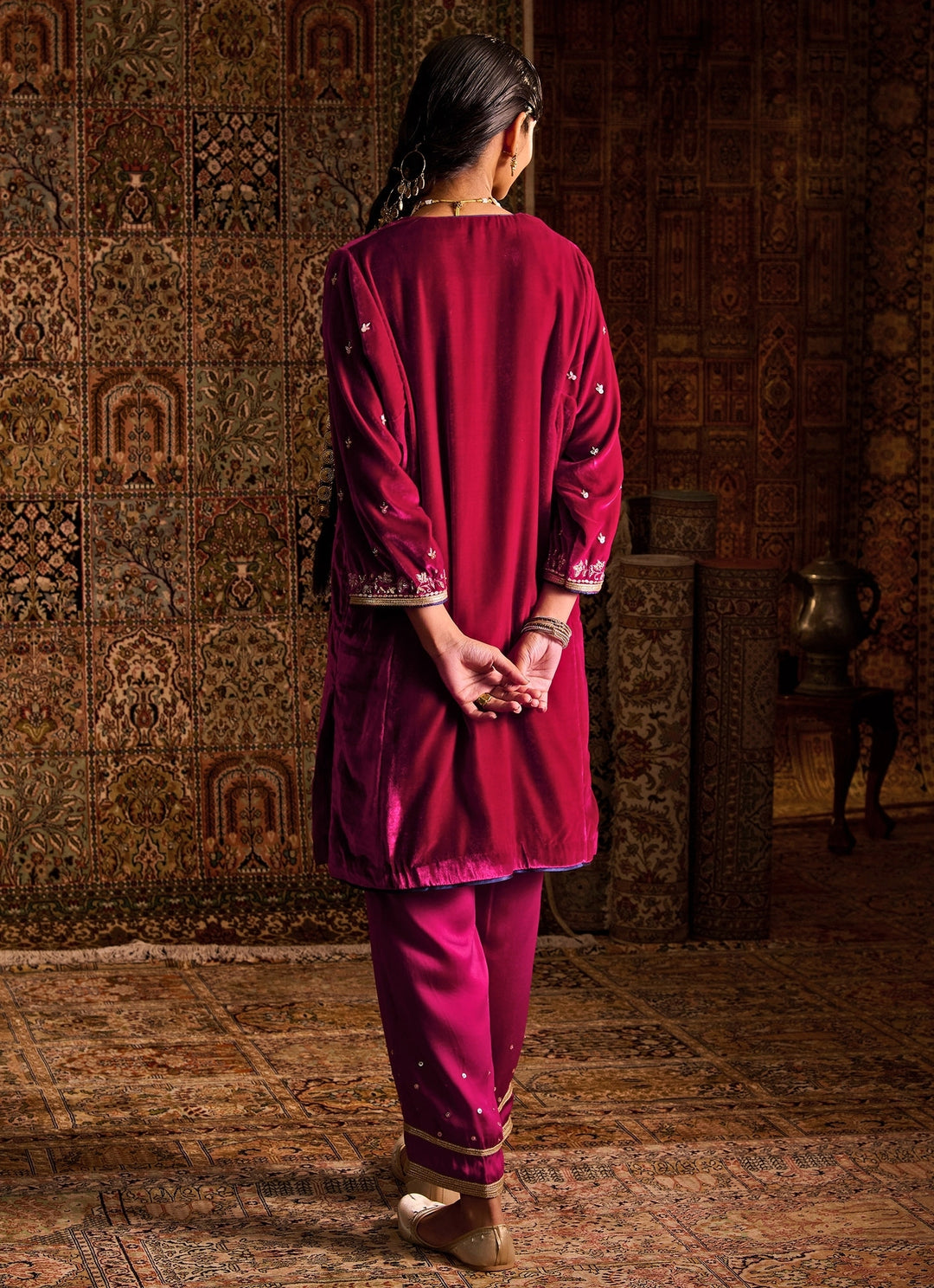 Hot Pink Silk Velvet Kurta Pants Set With Contrast Dupatta