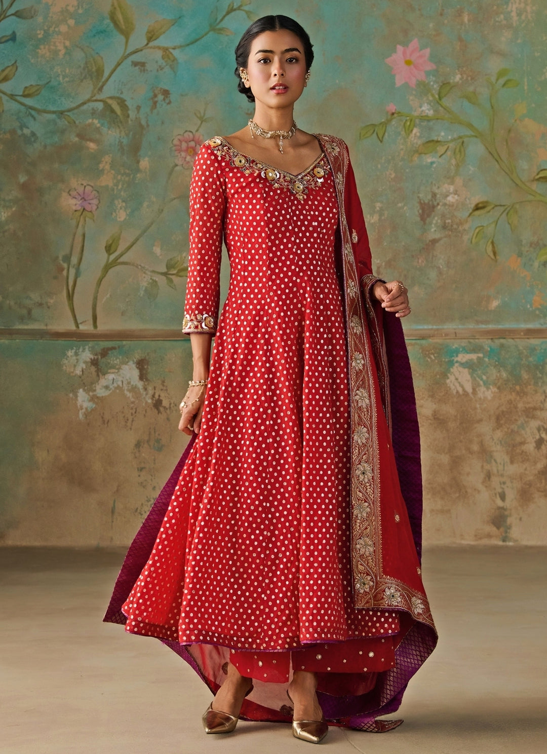 Crimson Red Chanderi Anarkali Set