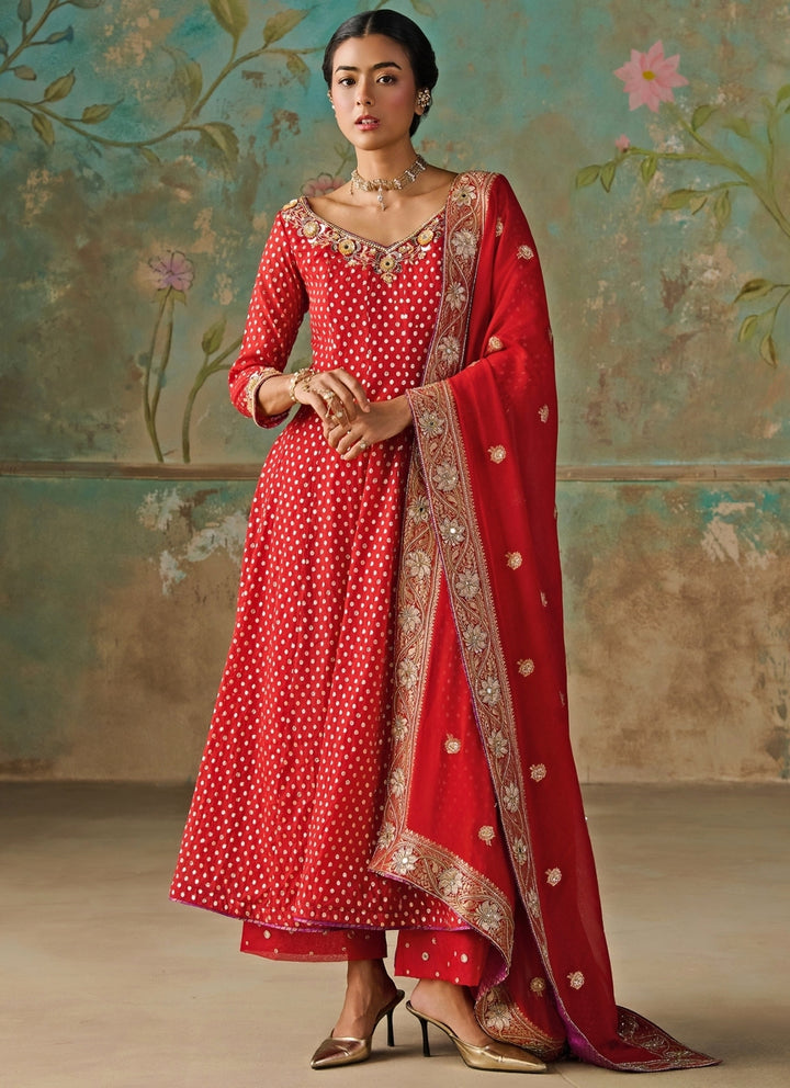 Crimson Red Chanderi Anarkali Set