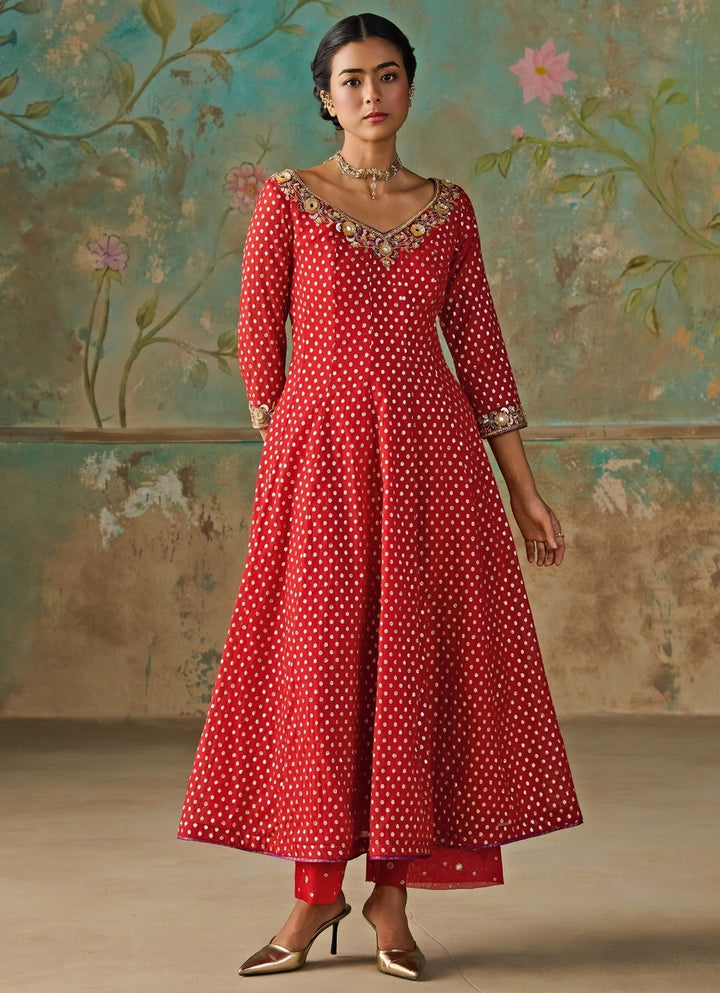 Crimson Red Chanderi Anarkali Set