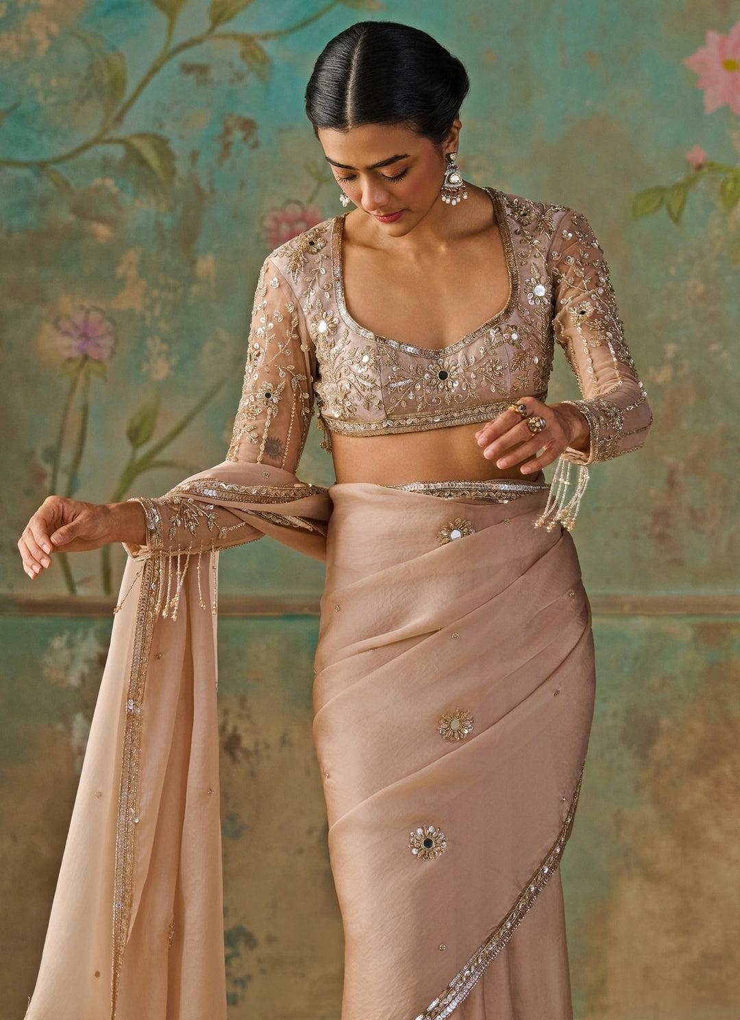 Blush Gold Satin Organza Saree