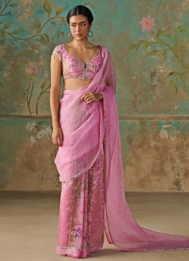 Pink Floral Organza Tissue Pre-Draped Saree