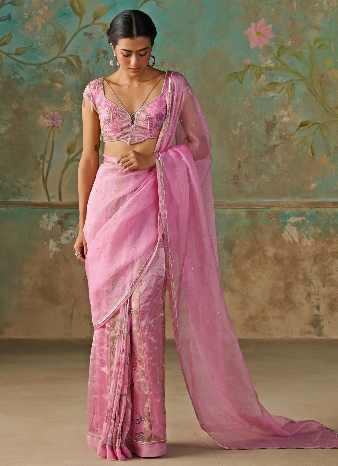 Pink Floral Organza Tissue Pre-Draped Saree