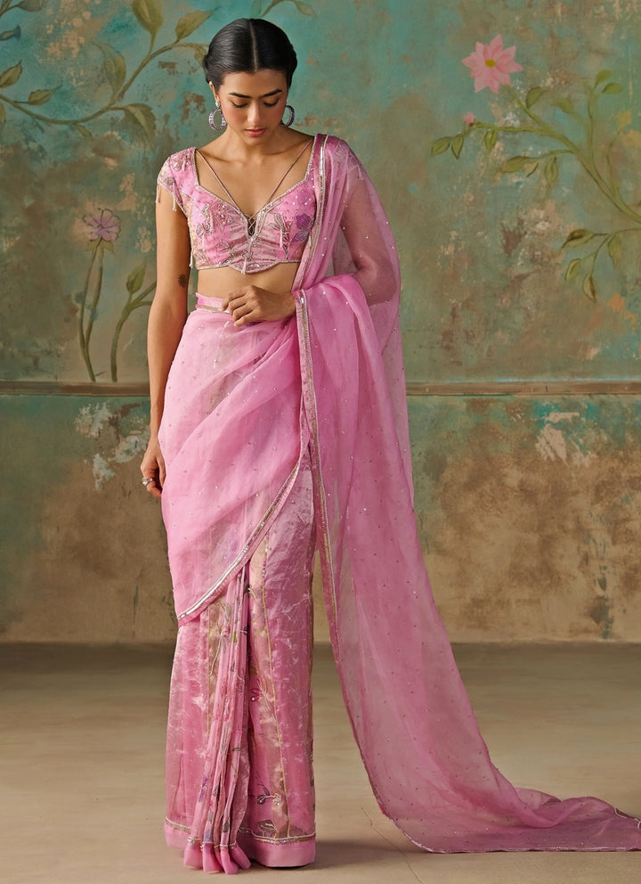 Pink Floral Organza Tissue Pre-Draped Saree