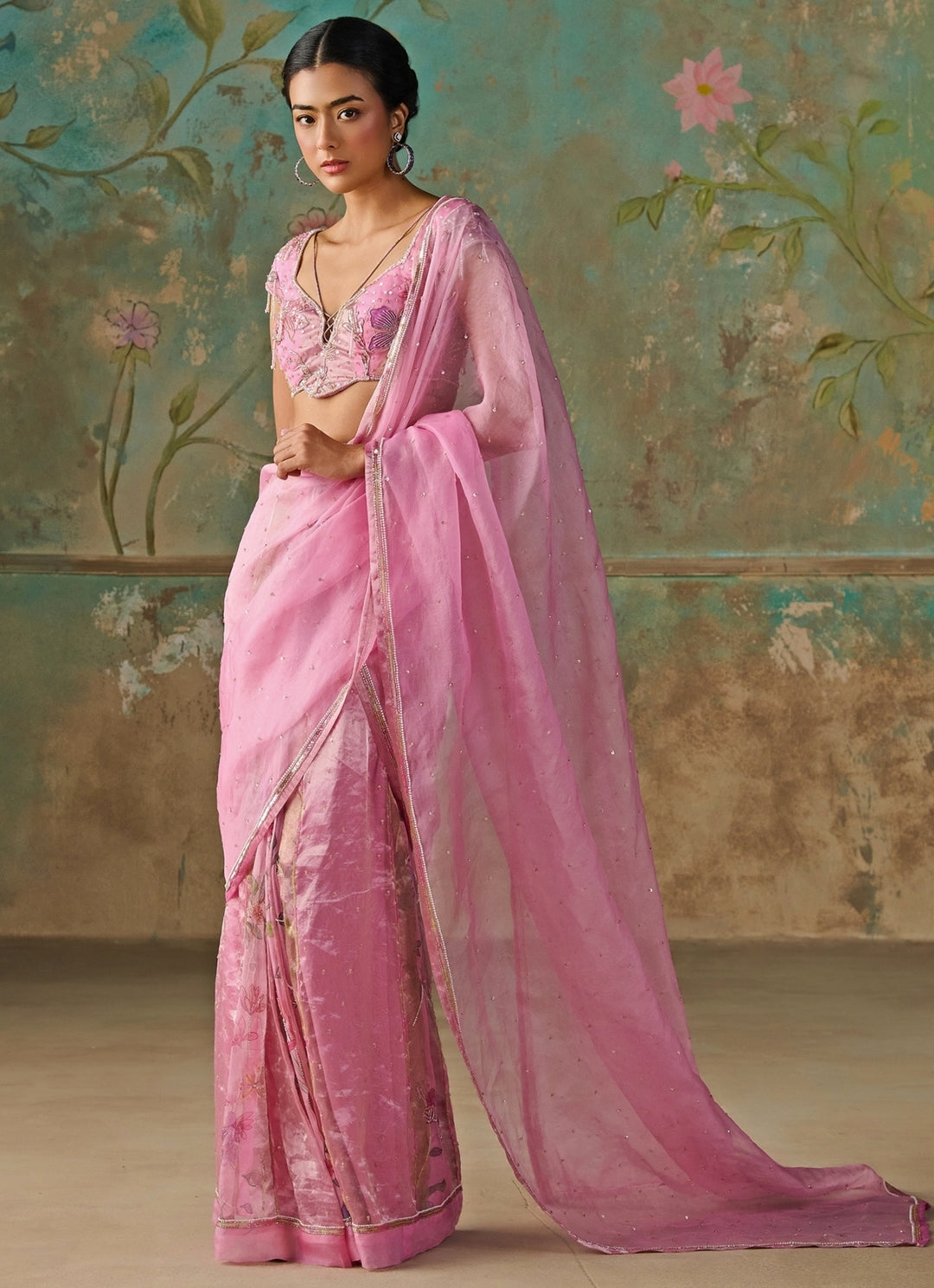 Pink Floral Organza Tissue Pre-Draped Saree