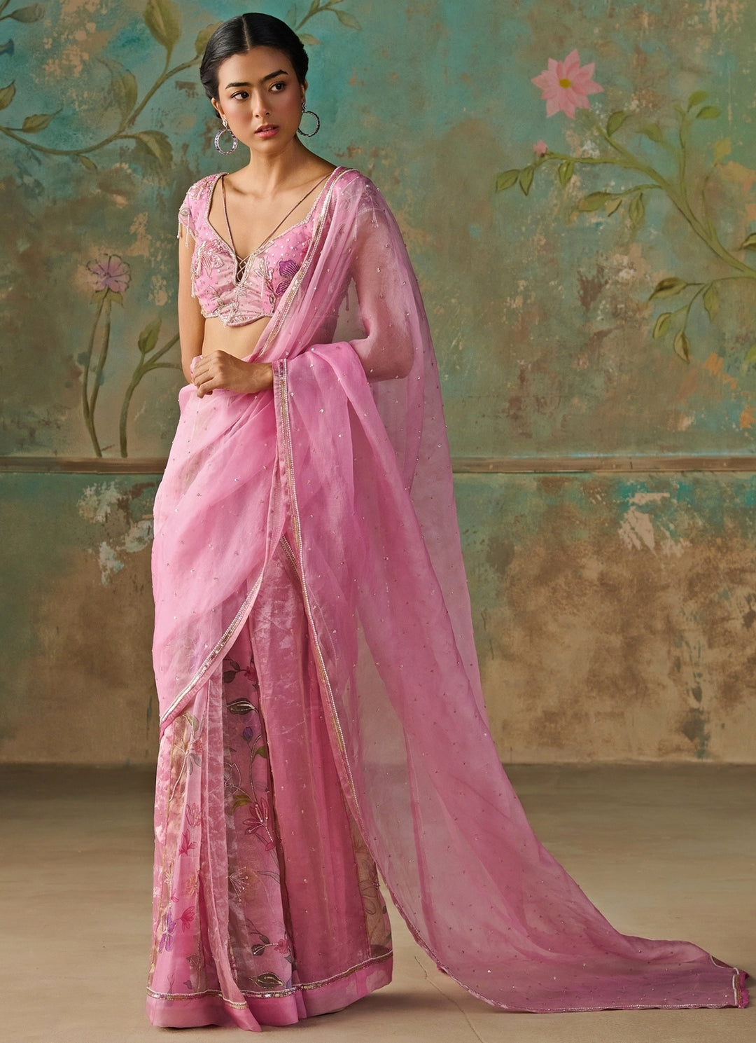 Pink Floral Organza Tissue Pre-Draped Saree