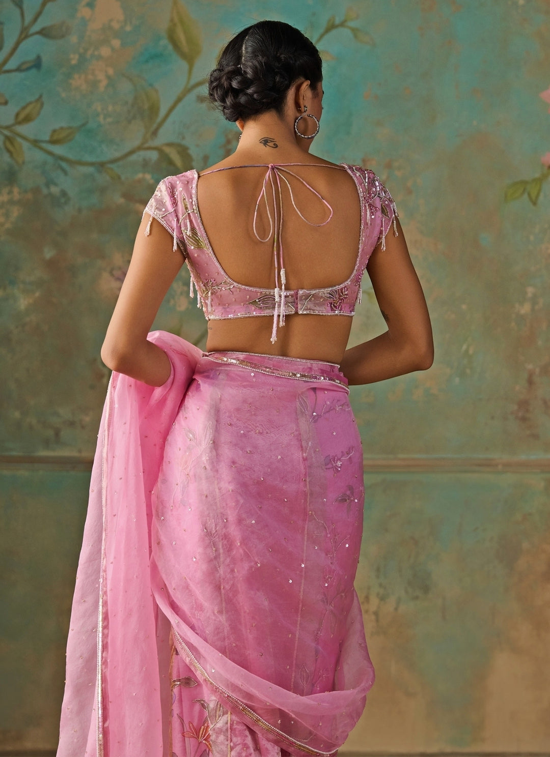 Pink Floral Organza Tissue Pre-Draped Saree