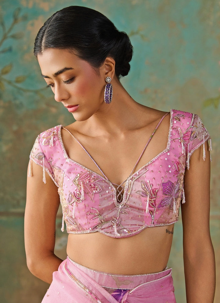Pink Floral Organza Tissue Pre-Draped Saree