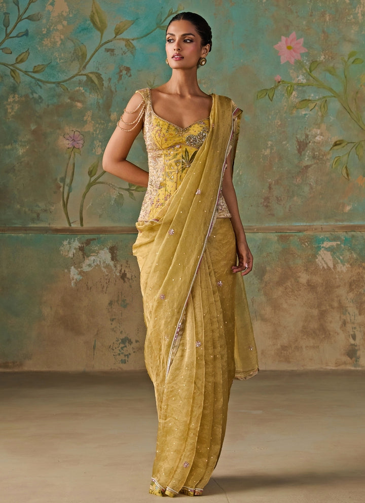 Lime Green Silk Tissue Saree With Corset