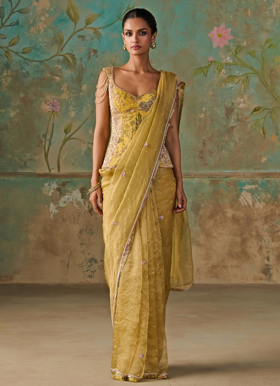 Lime Green Silk Tissue Saree With Corset
