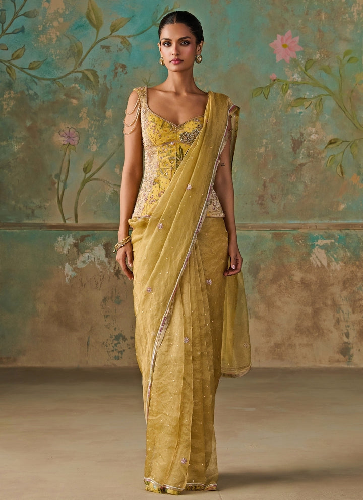 Lime Green Silk Tissue Saree With Corset