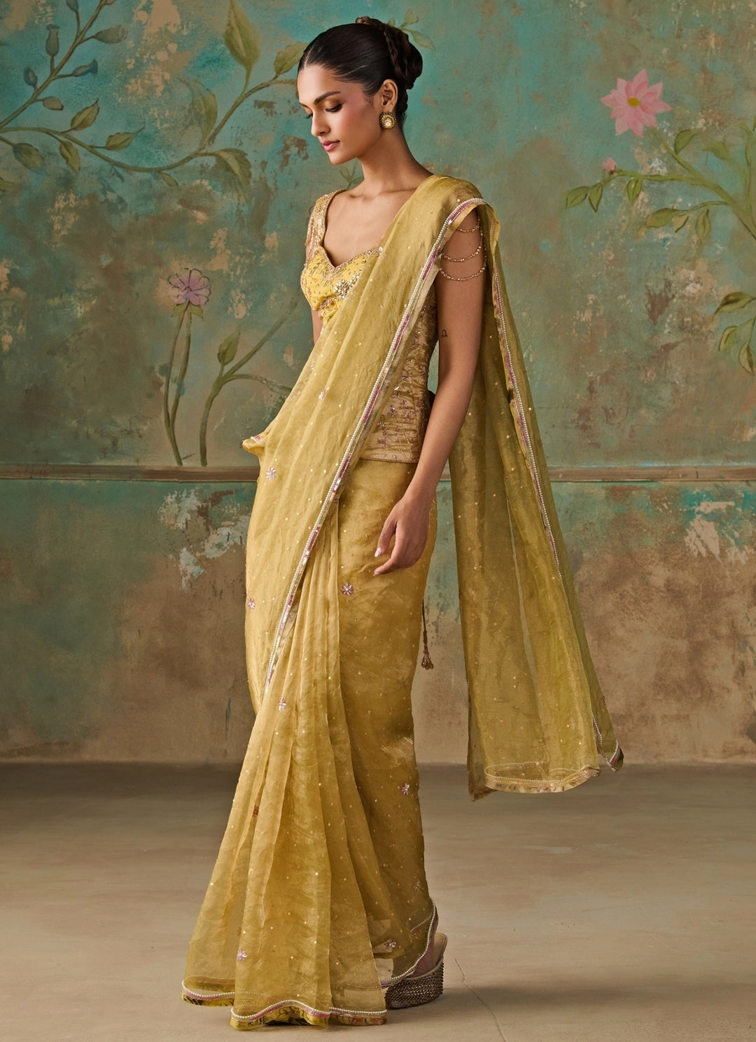 Lime Green Silk Tissue Saree With Corset