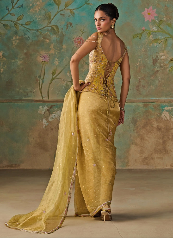 Lime Green Silk Tissue Saree With Corset