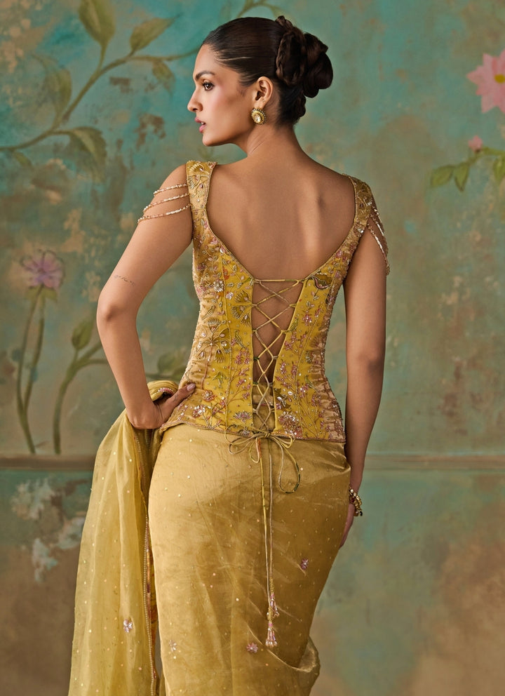 Lime Green Silk Tissue Saree With Corset