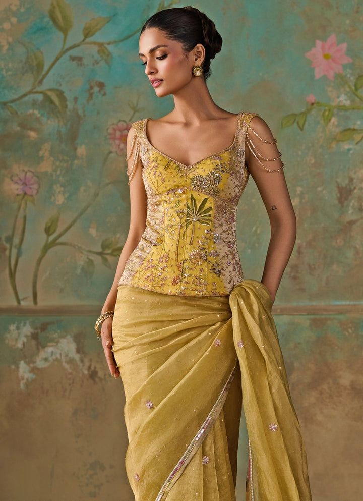 Lime Green Silk Tissue Saree With Corset