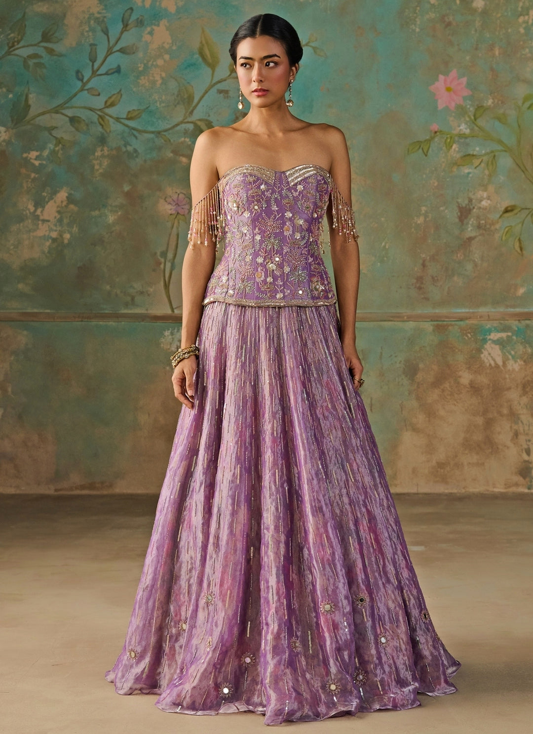 Lilac Silk Tissue Corset Lehenga Set
