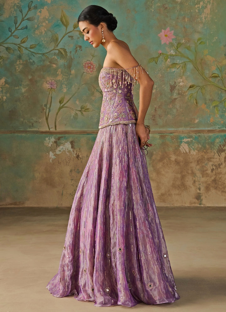 Lilac Silk Tissue Corset Lehenga Set