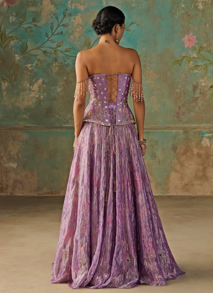 Lilac Silk Tissue Corset Lehenga Set