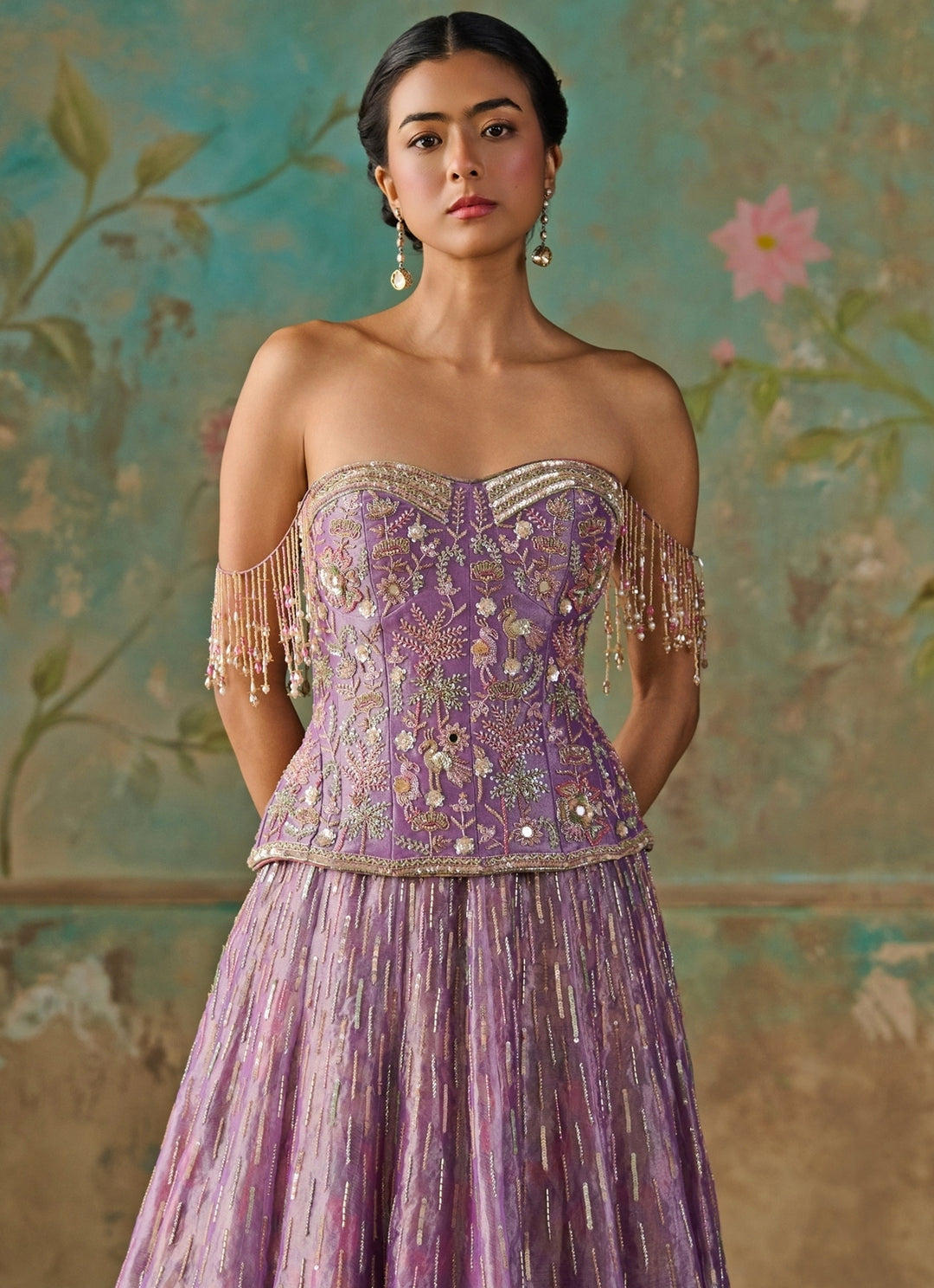 Lilac Silk Tissue Corset Lehenga Set