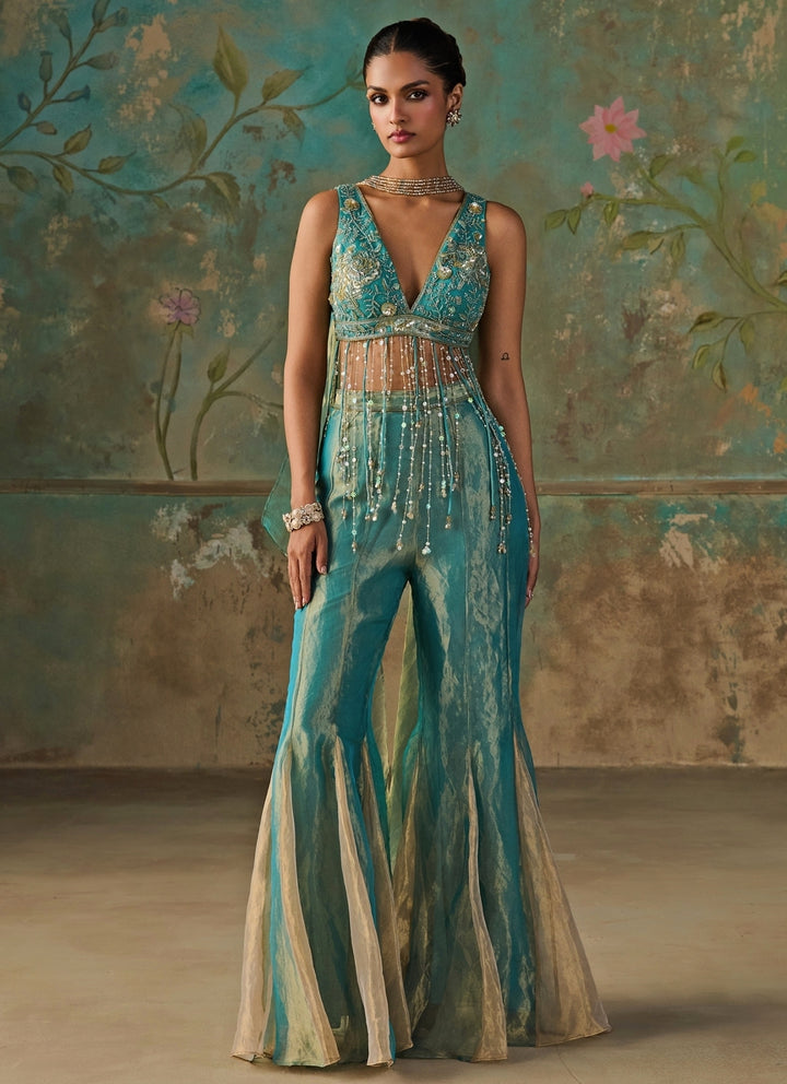 Turquoise Blue Silk Tissue Blouse Sharara Set