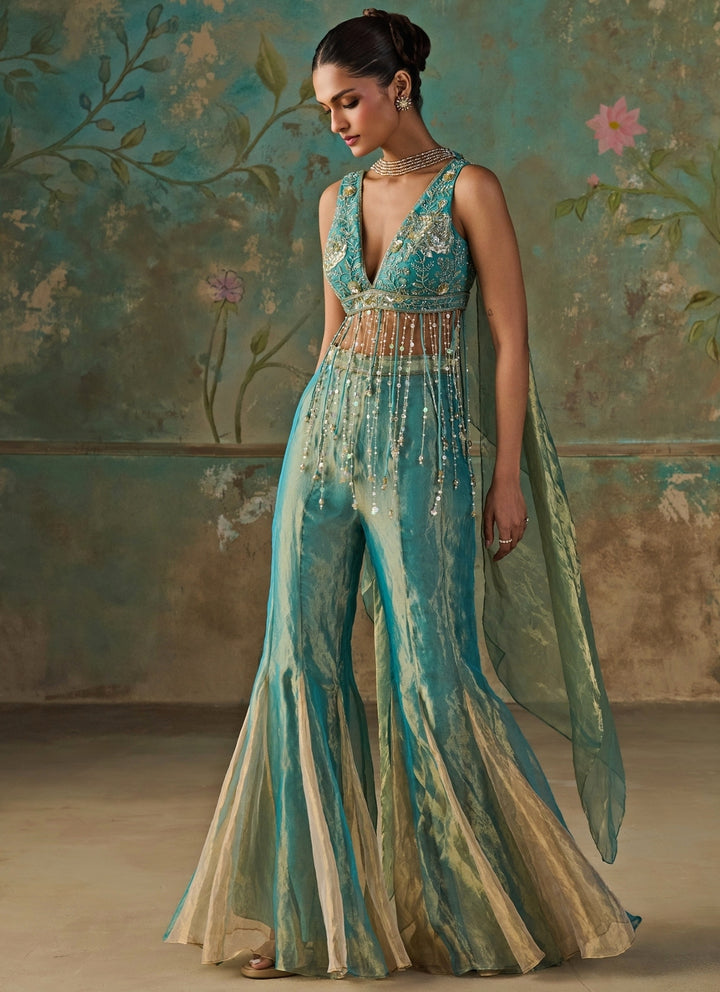 Turquoise Blue Silk Tissue Blouse Sharara Set