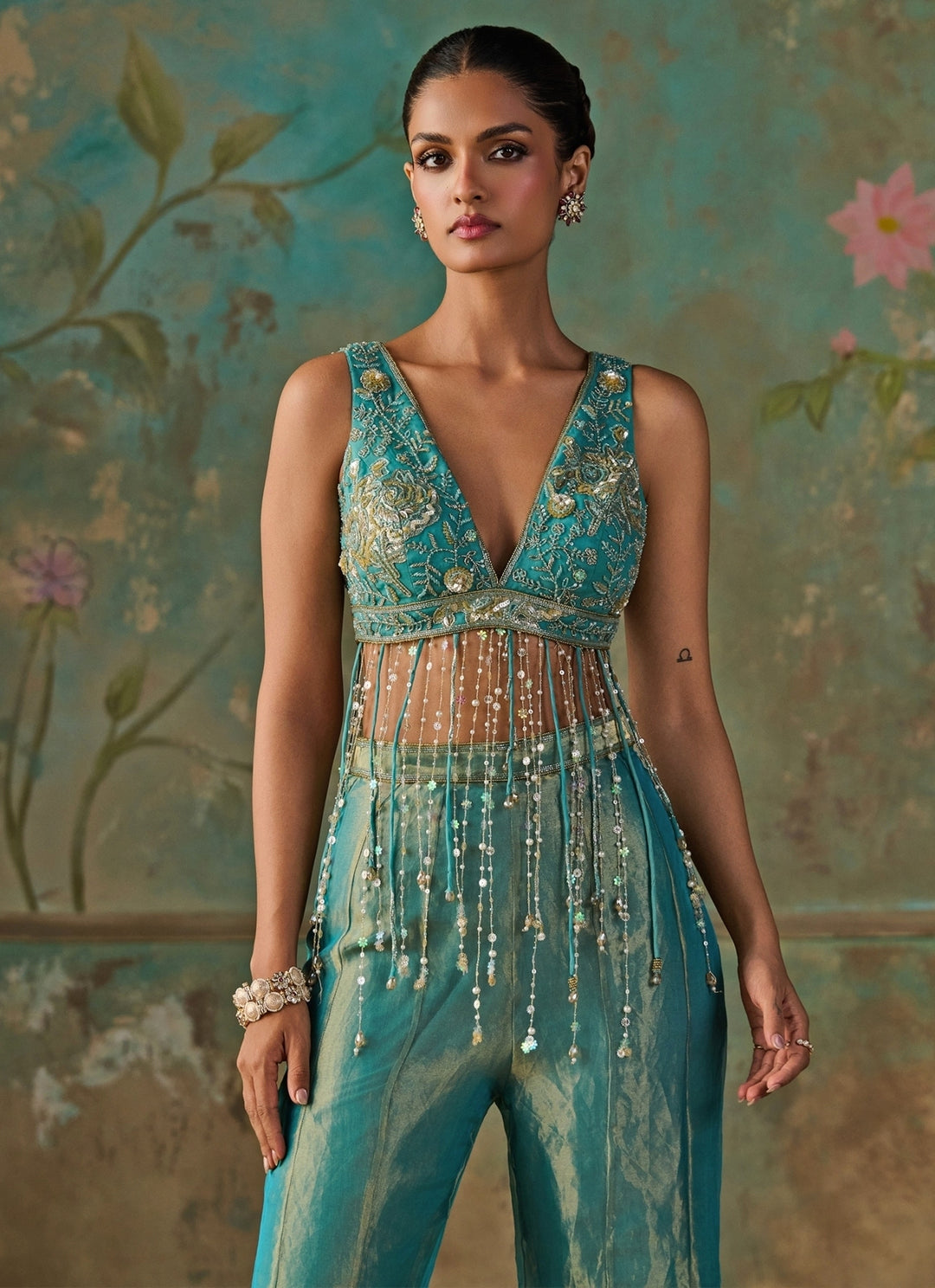 Turquoise Blue Silk Tissue Blouse Sharara Set