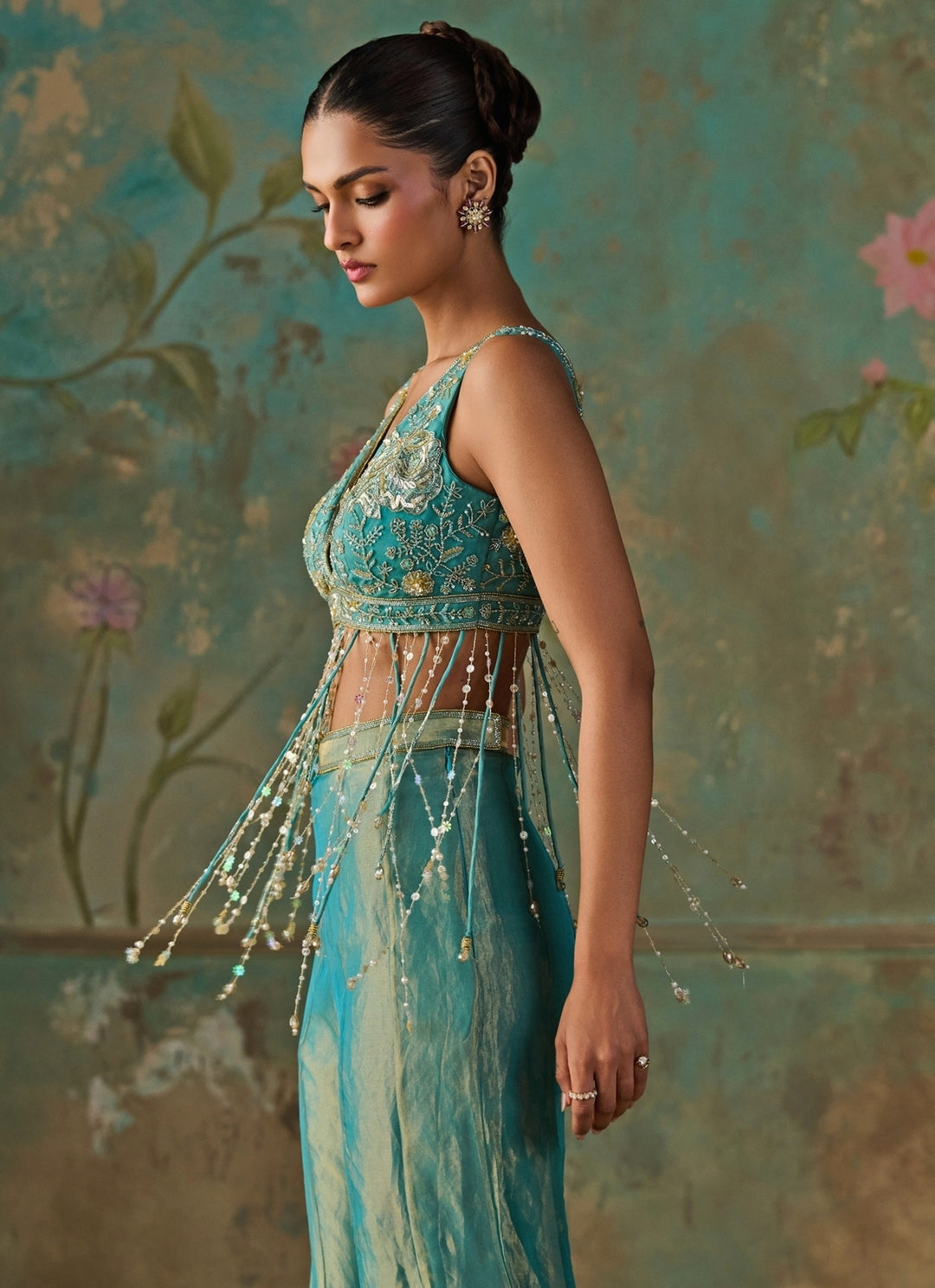 Turquoise Blue Silk Tissue Blouse Sharara Set
