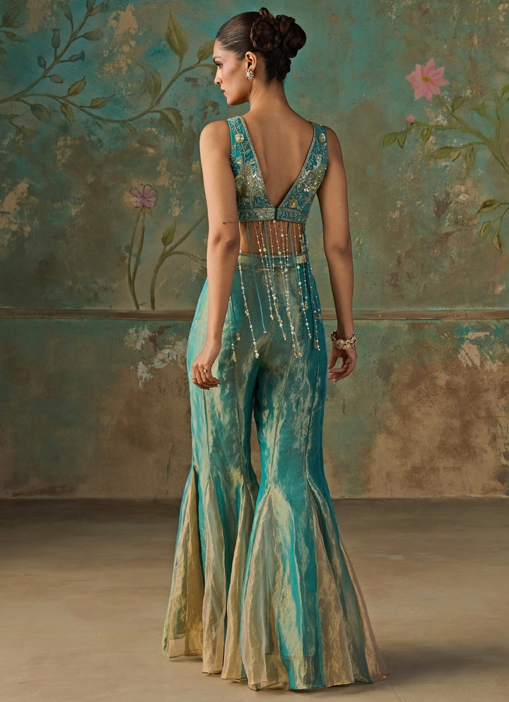 Turquoise Blue Silk Tissue Blouse Sharara Set