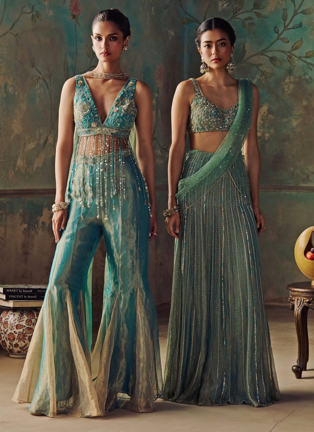 Turquoise Blue Crushed Tissue Pre-Draped Saree Set