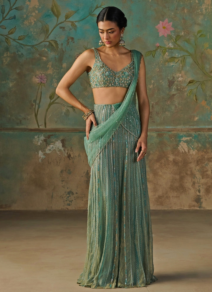 Turquoise Blue Crushed Tissue Pre-Draped Saree Set