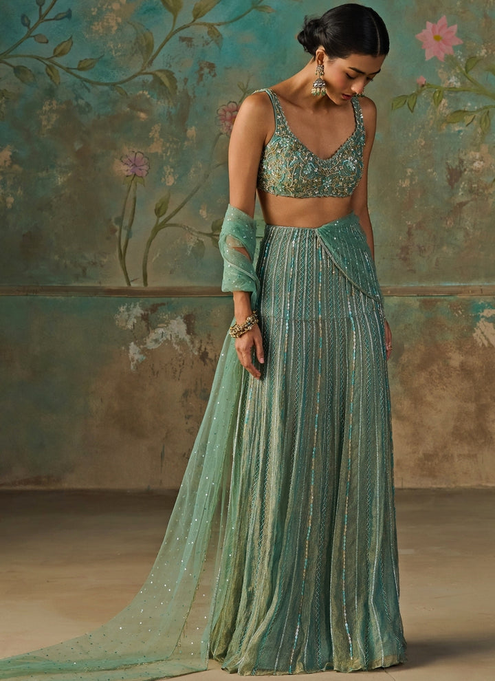 Turquoise Blue Crushed Tissue Pre-Draped Saree Set