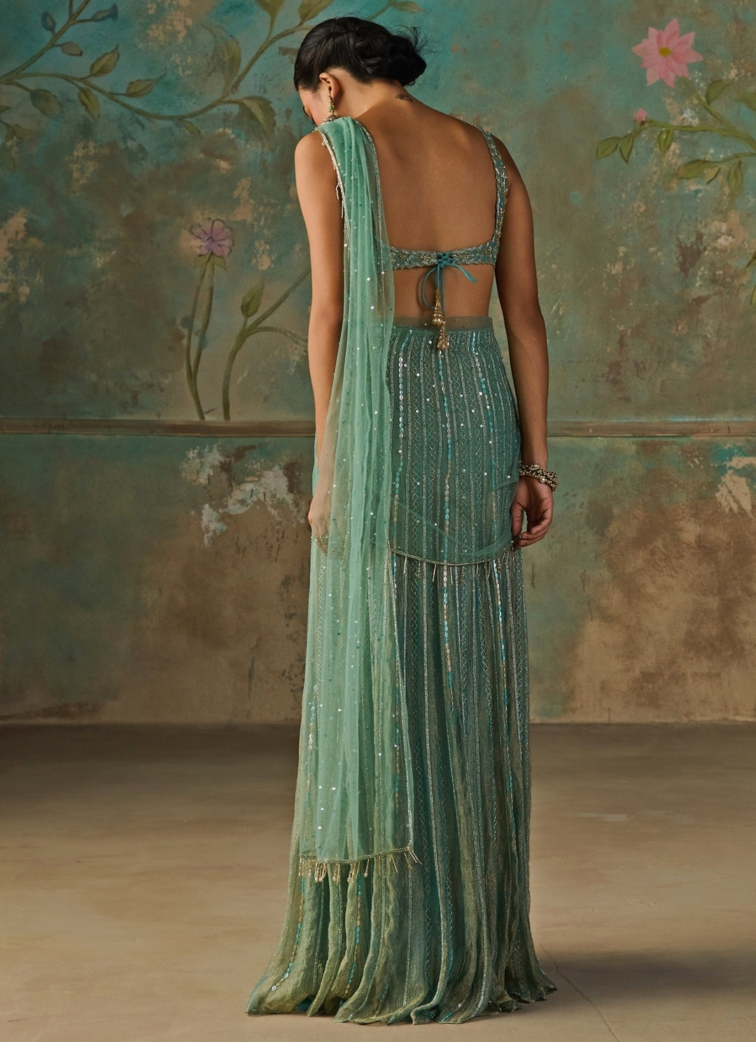 Turquoise Blue Crushed Tissue Pre-Draped Saree Set