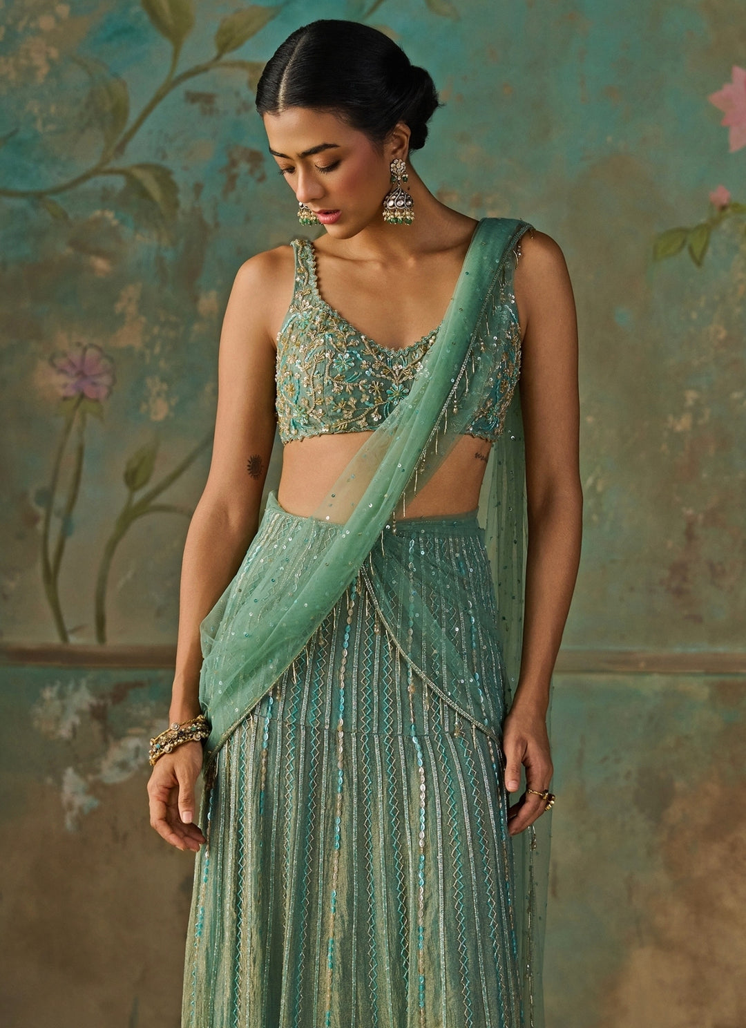 Turquoise Blue Crushed Tissue Pre-Draped Saree Set