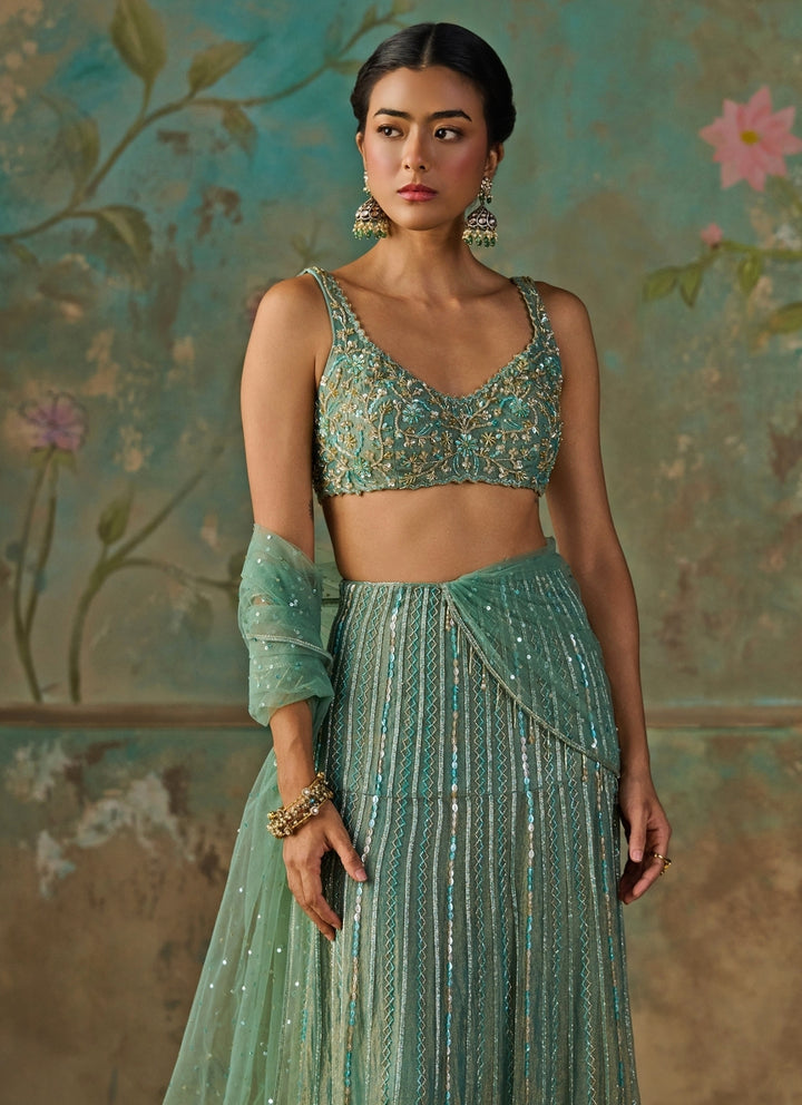 Turquoise Blue Crushed Tissue Pre-Draped Saree Set
