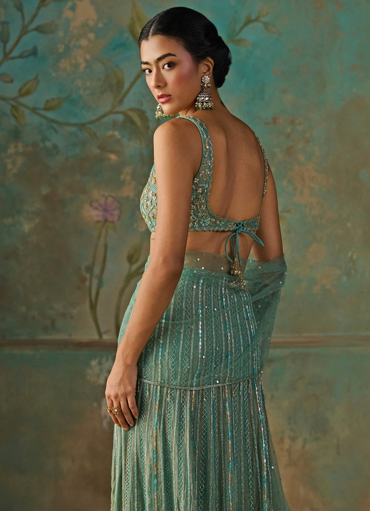 Turquoise Blue Crushed Tissue Pre-Draped Saree Set